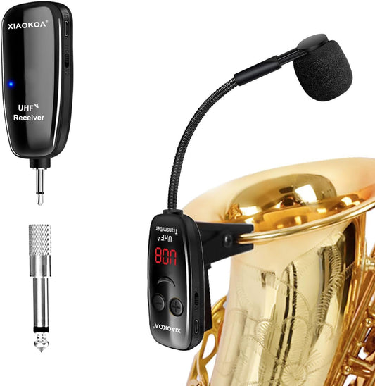 XIAOKOA Wireless Microphone for Saxophone, UHF Wireless Microphone for Musical Instruments, Wireless Receiver and Transmitter for