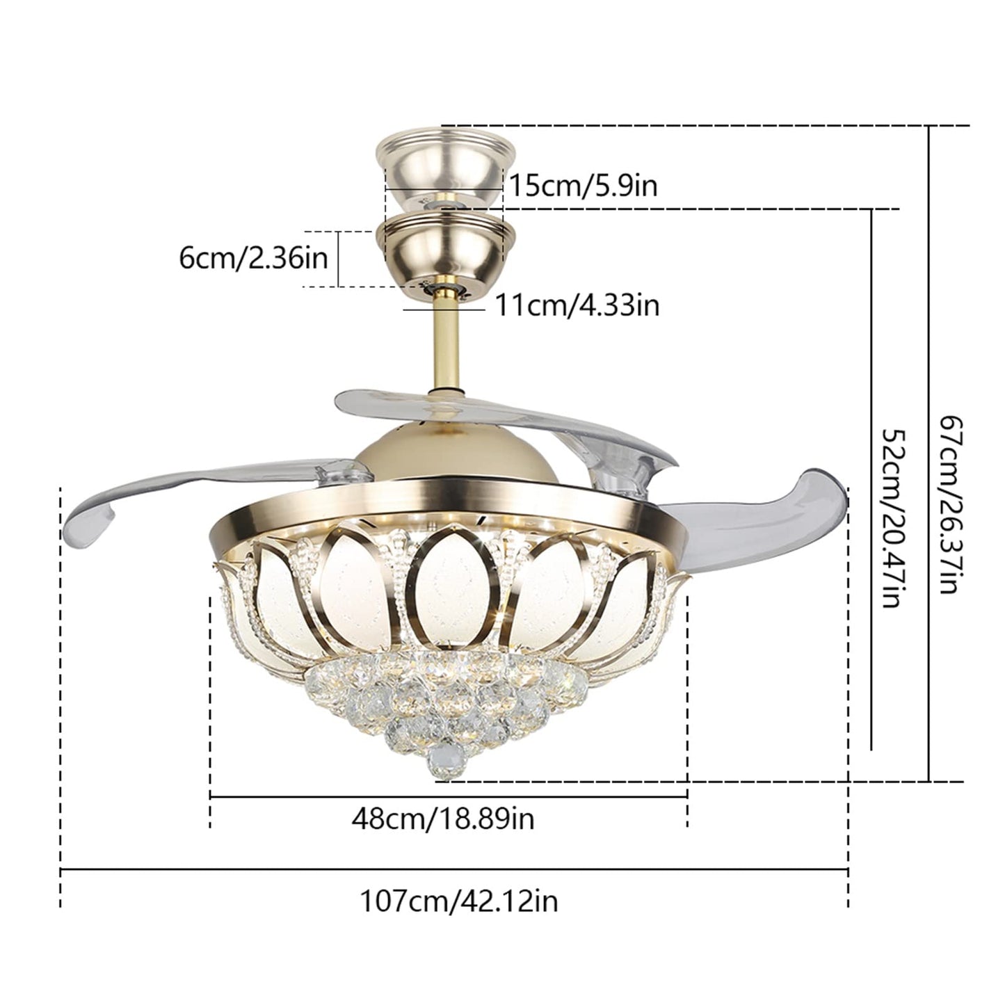 Gdrasuya10 42 Inch Modern Crystal Ceiling Fan Light & Remote, LED Chandelier, with Reverse 4 Invisible Retractable Blade 3 Colors, 3 Speeds, Dimmable