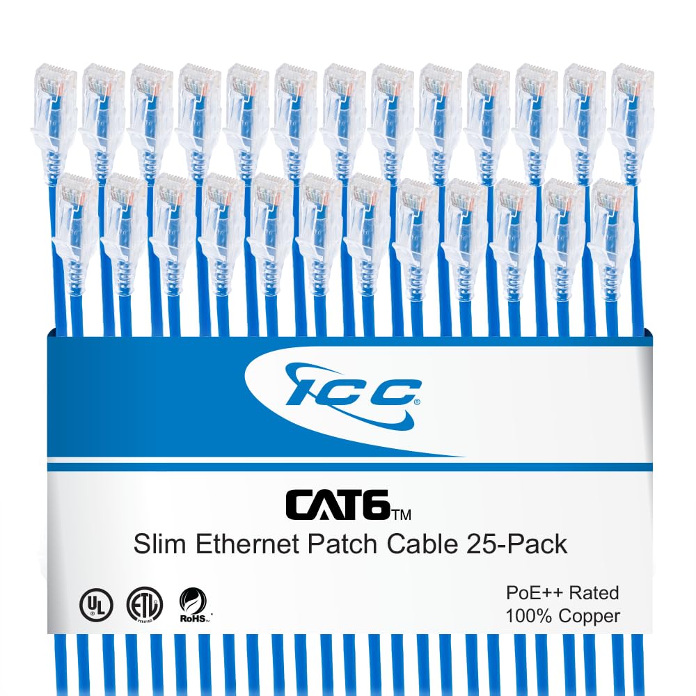 ICC CAT6 Slim RJ45 Ethernet Patch Cord, 550 MHz, UTP, 7 FT, Blue, 25-Pack
