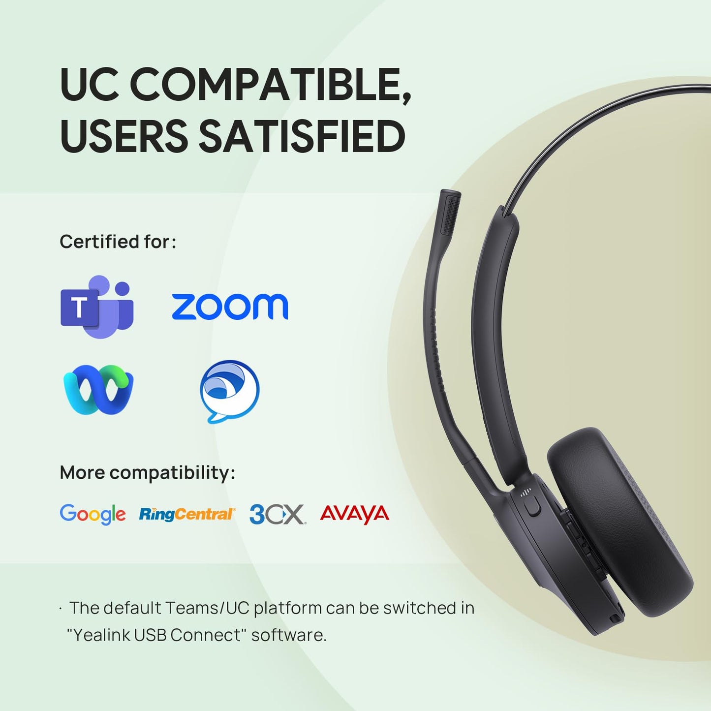 Yealink BH70 Mono Teams Wireless Headset with Mic for Work, Microsoft Teams Certified Bluetooth Headphone for 35h Calling, 91g All-Day Wearing