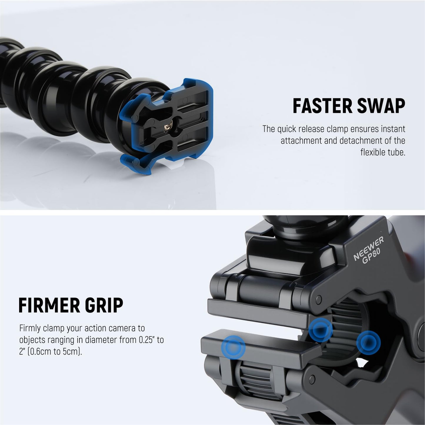 NEEWER Flexible Clamp Mount Compatible with GoPro DJI Action Cameras, Jaw Flex Super Clamp Holder, Desk Pole Clip Mount with Tube & Adapter