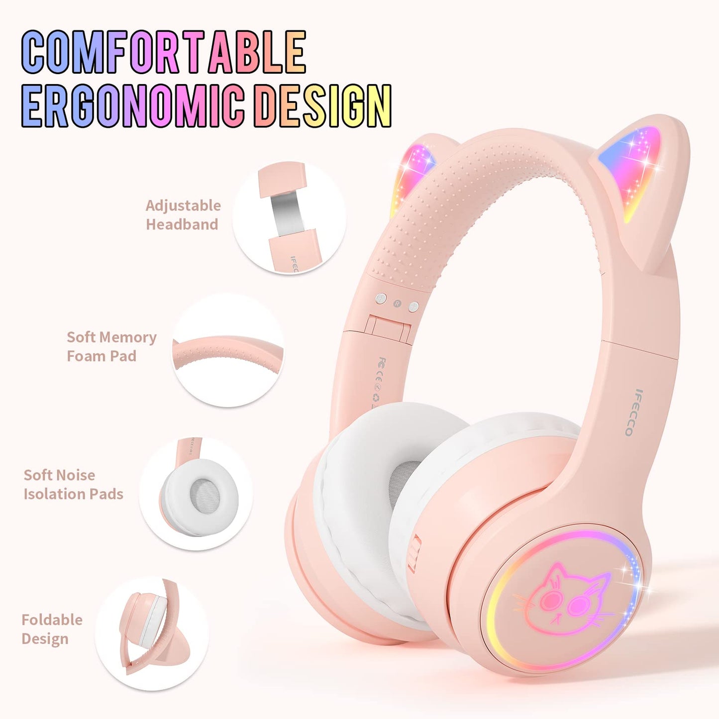 IFECCO Wireless Kids Headphones with Microphone,Foldable Cute Light Up Cat Ear Children Girls Bluetooth Headphones with Case for School Gifts Travel