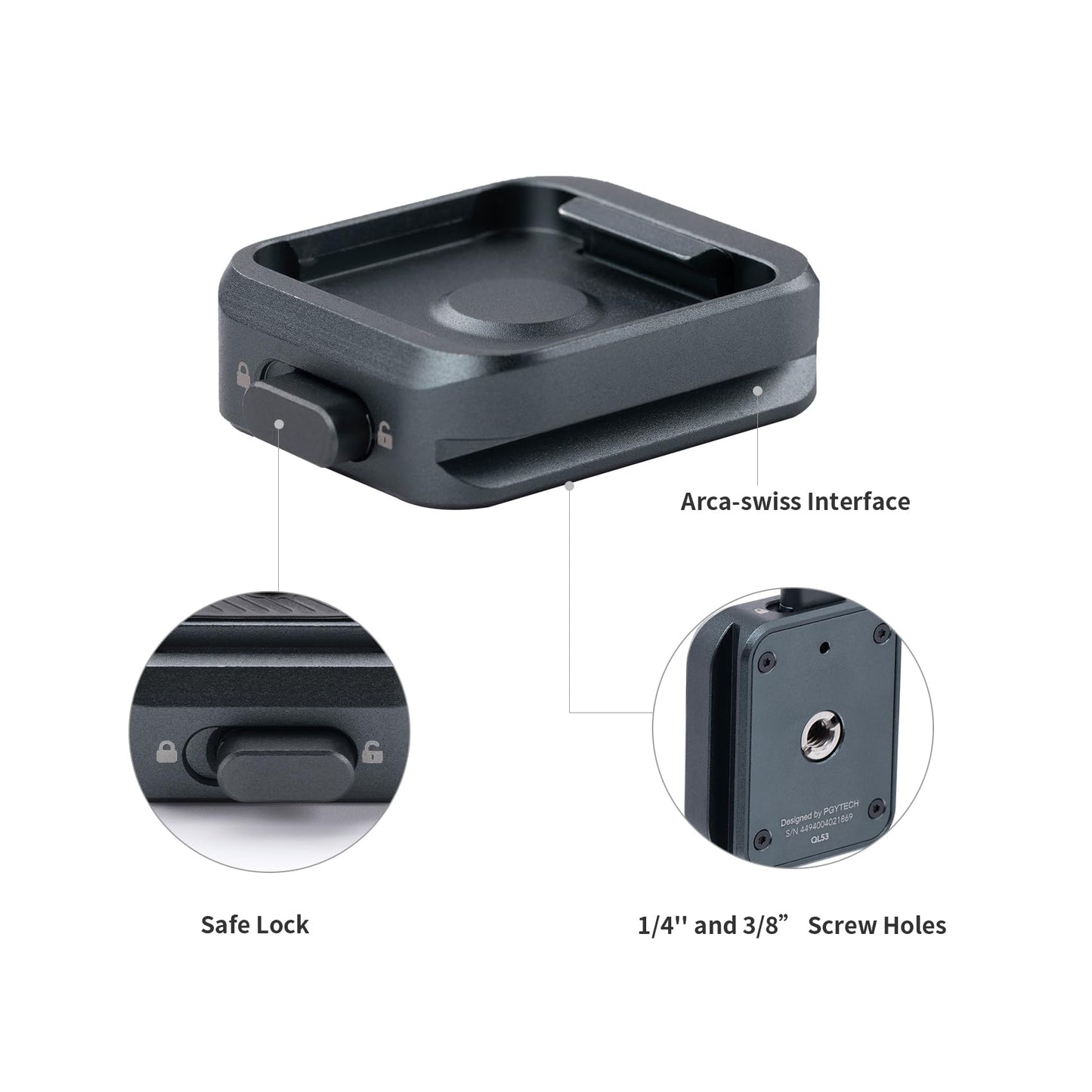 PGYTECH Quick Release Plate Clamp, with 1/4" and 3/8" Threaded Holes, Arca Swiss Interface, Suitable for Photo Cameras, Tripods, Gimbals