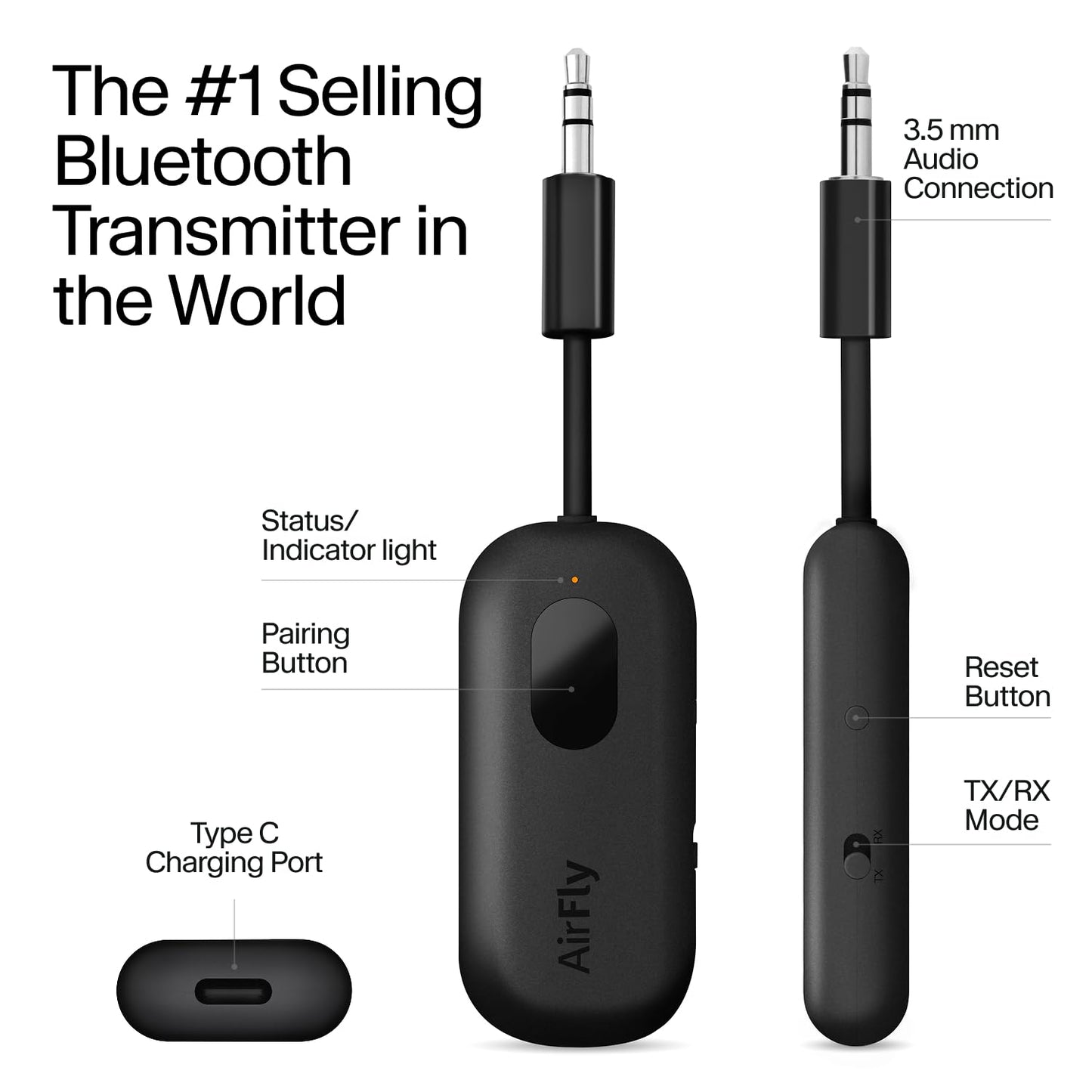 Twelve South AirFly Pro Bluetooth Wireless Audio Transmitter/Receiver for up to 2 AirPods/Wireless Headphones; Use with Any 3.5 mm Audio Jack, Black