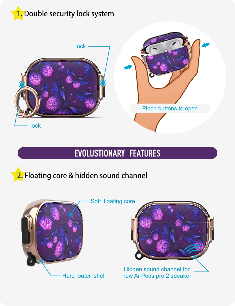 GuarzFun AirPods Pro 2 Case with Lock - Purple Butterfly
