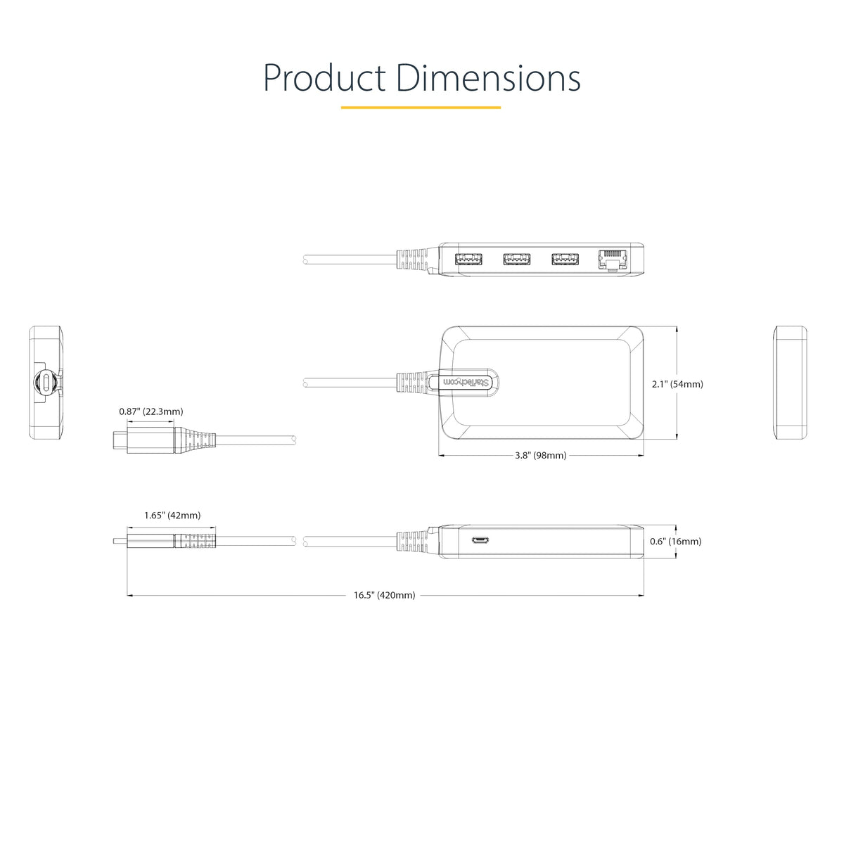 StarTech 3-Port USB-C Hub, Gigabit Ethernet, 5Gbps, 3X USB-A, 1ft, Windows