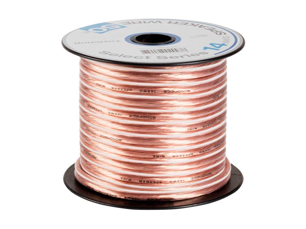 Monoprice Select Series 14 Gauge AWG Speaker Wire/Cable - 50ft Jacketed in Durable Plastic with A Color Coded Conductor for Home Theater, Car Audio