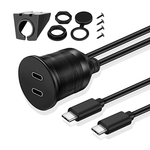 TNP USB C 3.0 Flush Mount Cable, Dual USB Extension Cable 3ft 1M for Car Dashboard with Dash Panel Mount, 2 Port Type C Male to Female Socket