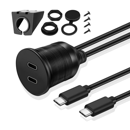 TNP USB C 3.0 Flush Mount Cable, Dual USB Extension Cable 3ft 1M for Car Dashboard with Dash Panel Mount, 2 Port Type C Male to Female Socket
