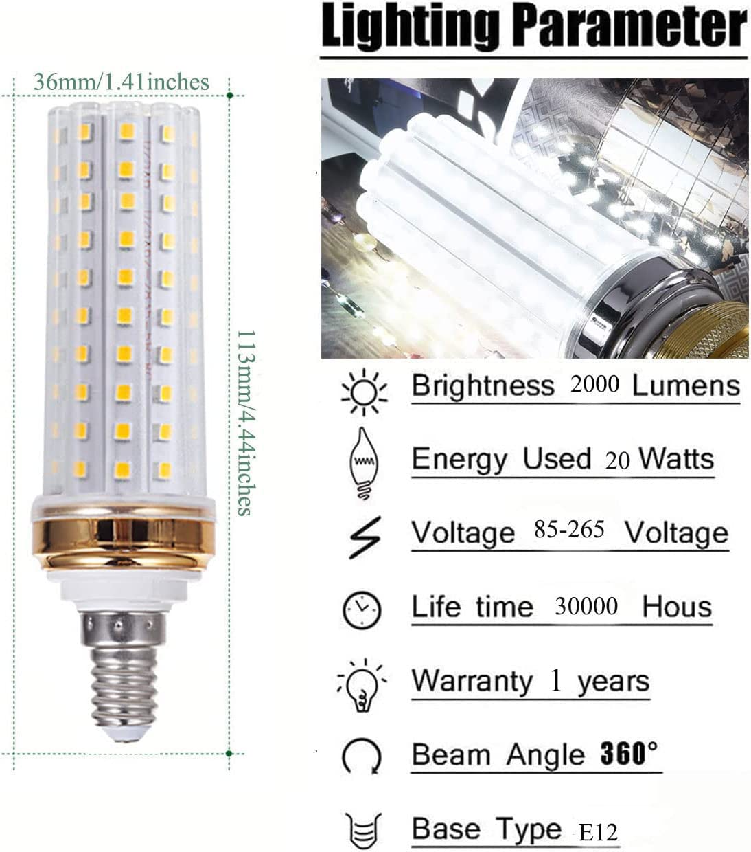 E12 LED Light Bulbs,20W Candelabra LED Bulbs 180 Watt Equivalent - 88 LEDs 2835 SMD 1800lm 6000K Daylight White Decorative Candle Base E12 LED