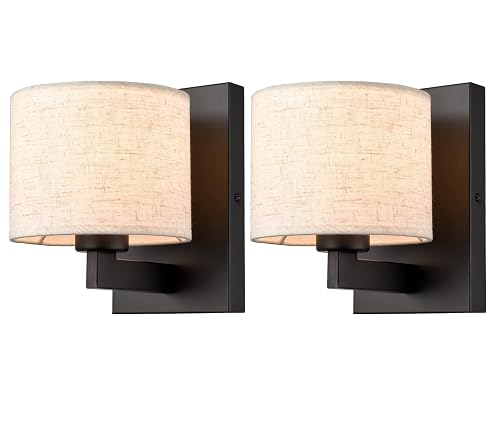 SAMTEEN Farmhouse Black Wall Sconces Set of Two Modern Fabric Shade Sconces Wall Lighting Black Wall Lamp with Drum Shade for Bedroom Bedside Living