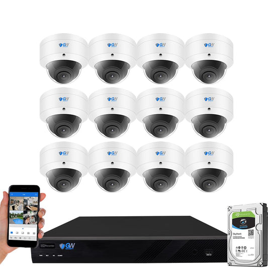 GW Security 16 Channel 12MP NVR UltraHD 4K Human/Vehicle Detection PoE Security Camera System with 12 x 8MP IP Microphone 135° FoV AI Dome Camera
