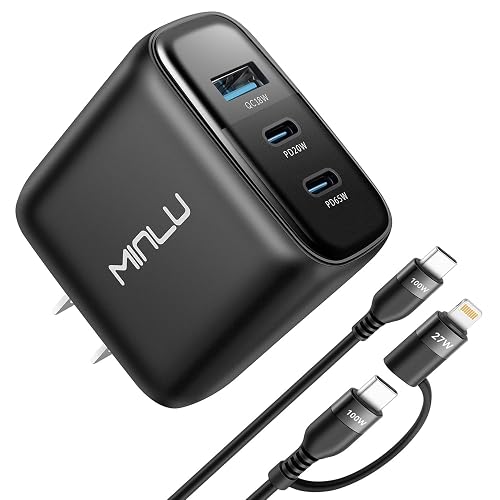 MINLU 65W USB C Charger Block,GaN 3-Port Compact Fast PPS Type C Wall Charger with 6Ft 100W 2 in 1 USB-C/L Cable,Fast Charging for MacBook