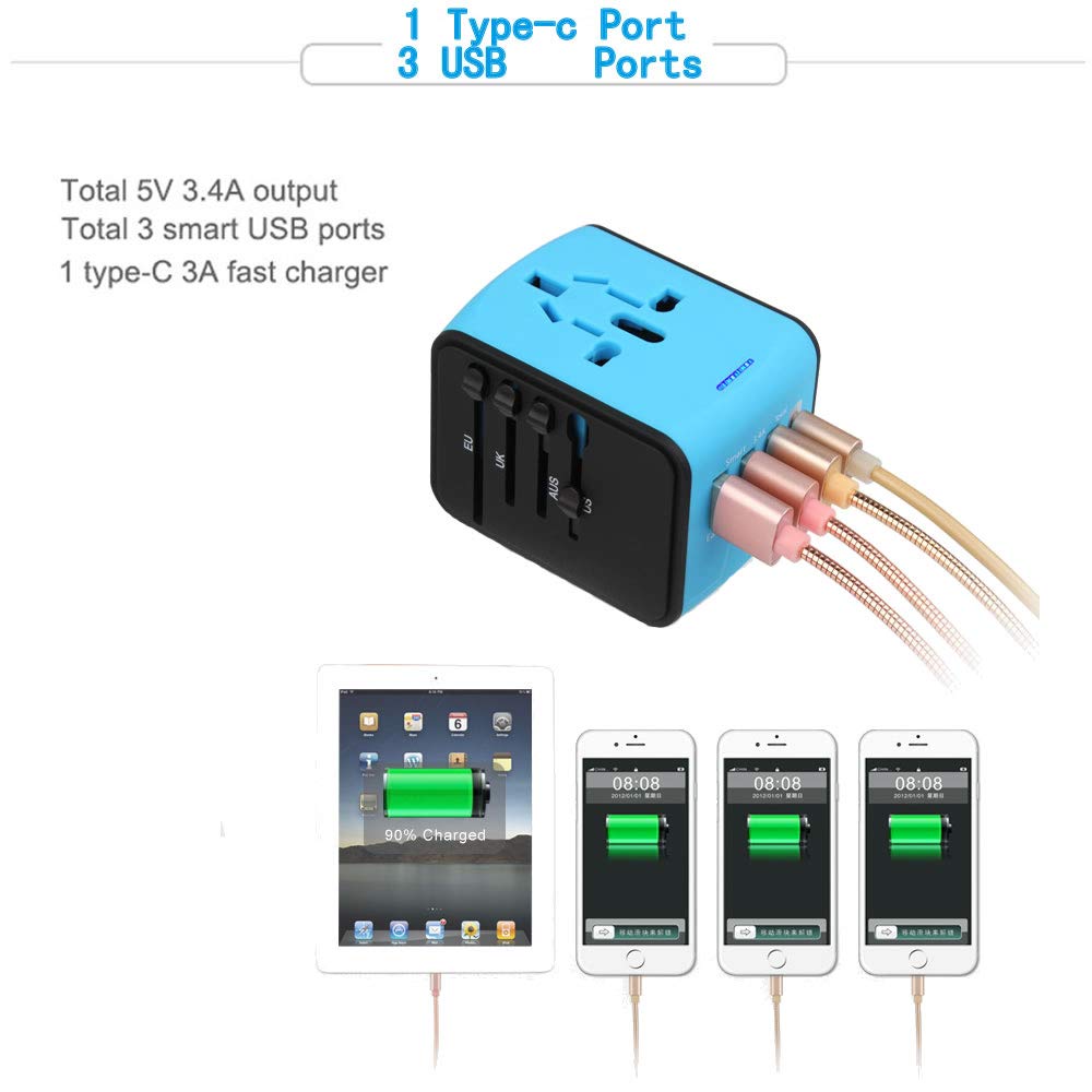 Universal Travel Adapter,All in One Universal Power Adapter for 150 Countries 4usb+Type C (Black)