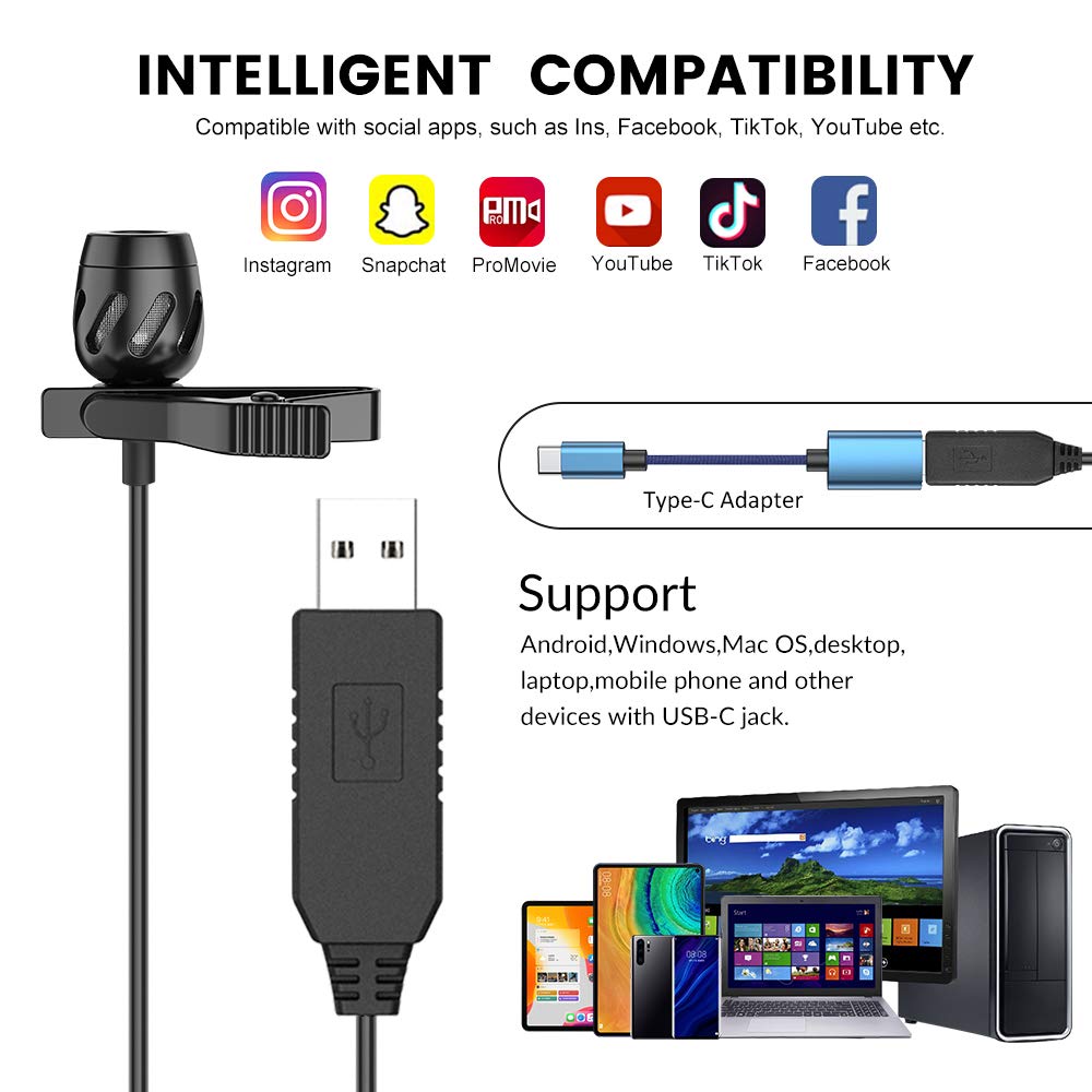 KMAG USB Lavalier Microphone, Lapel Microphone for Computer, USB-C Clip On Mic for YouTube, Recording, Podcasting, Gaming, Interview Omnidirectional