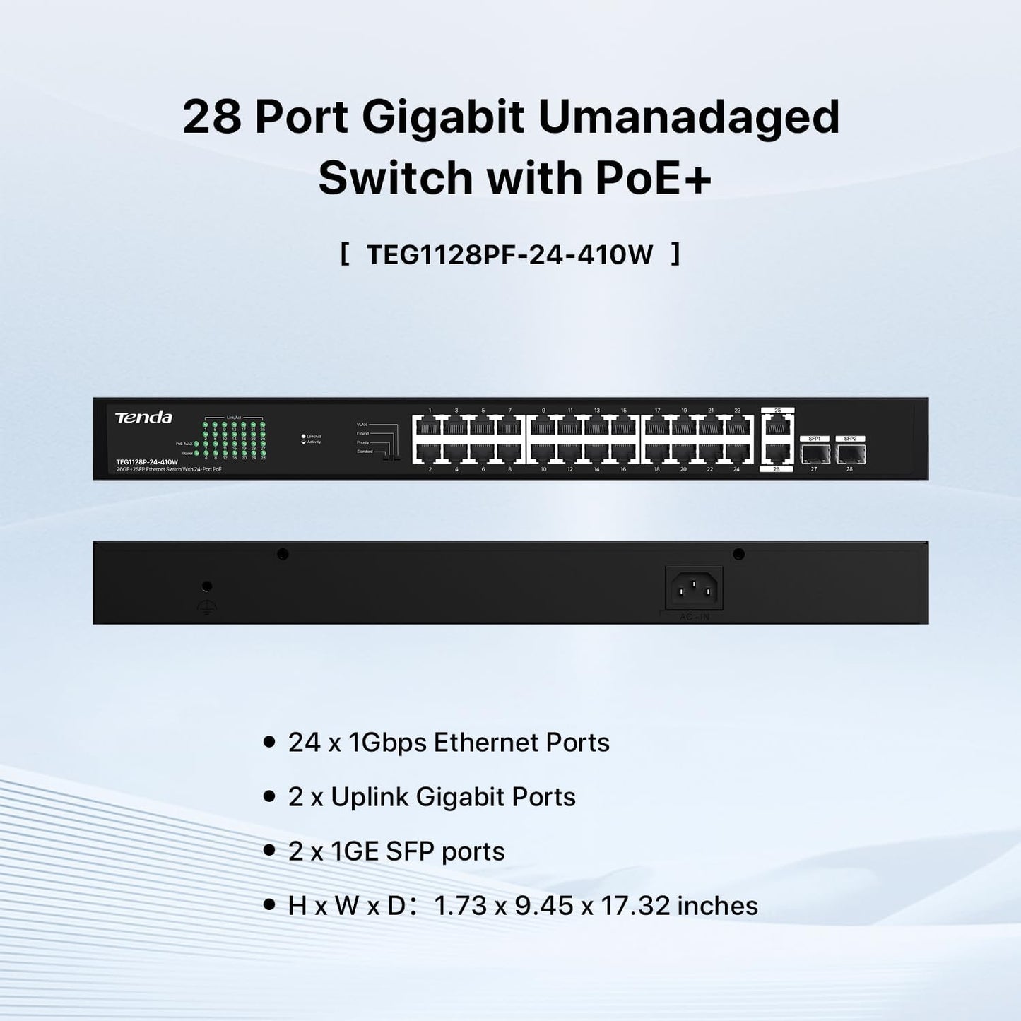Tenda 28 Port Gigabit PoE Switch, Network Switch with 24 Port PoE+@410W, 2*Gigabit Uplink & 2*SFP, Plug & Play, One-Key VLAN/Priority/Extend Mode