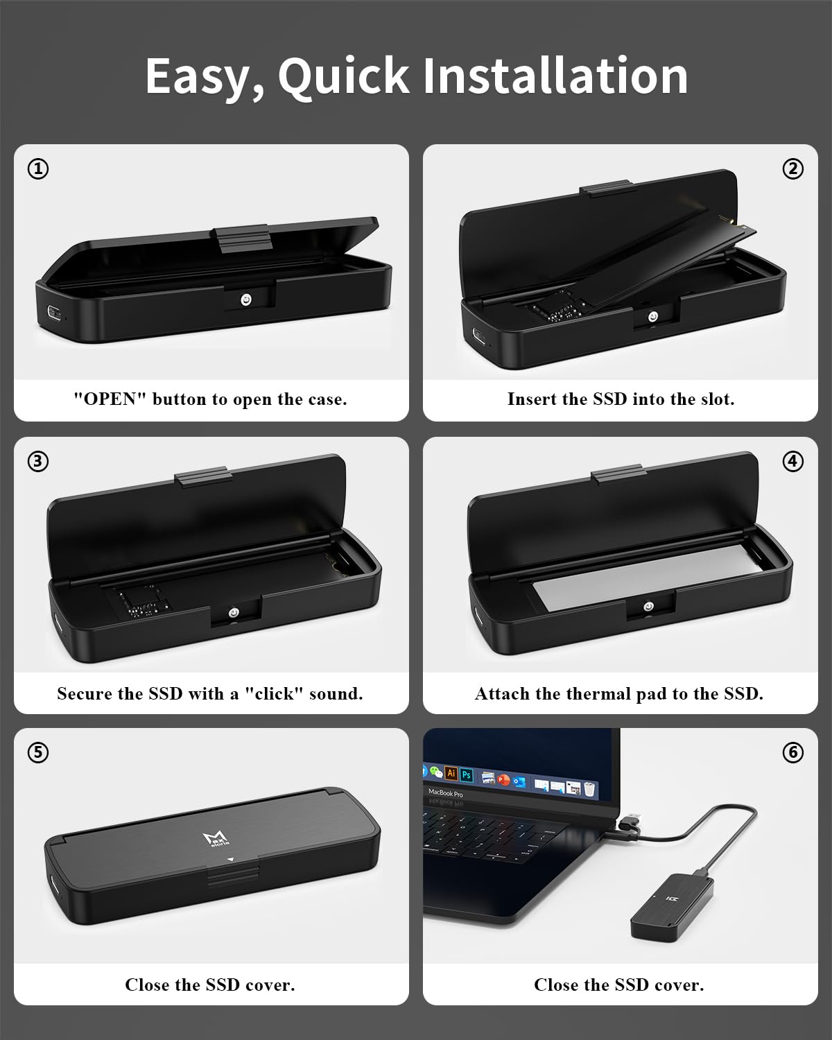 M.2 NVMe SSD Enclosure USB 3.2 Gen 2 10Gbps, Tool-Free External SSD Case Reader, Aluminum Cooling, Compatible with M&M+B Key NVMe SSD, Fit