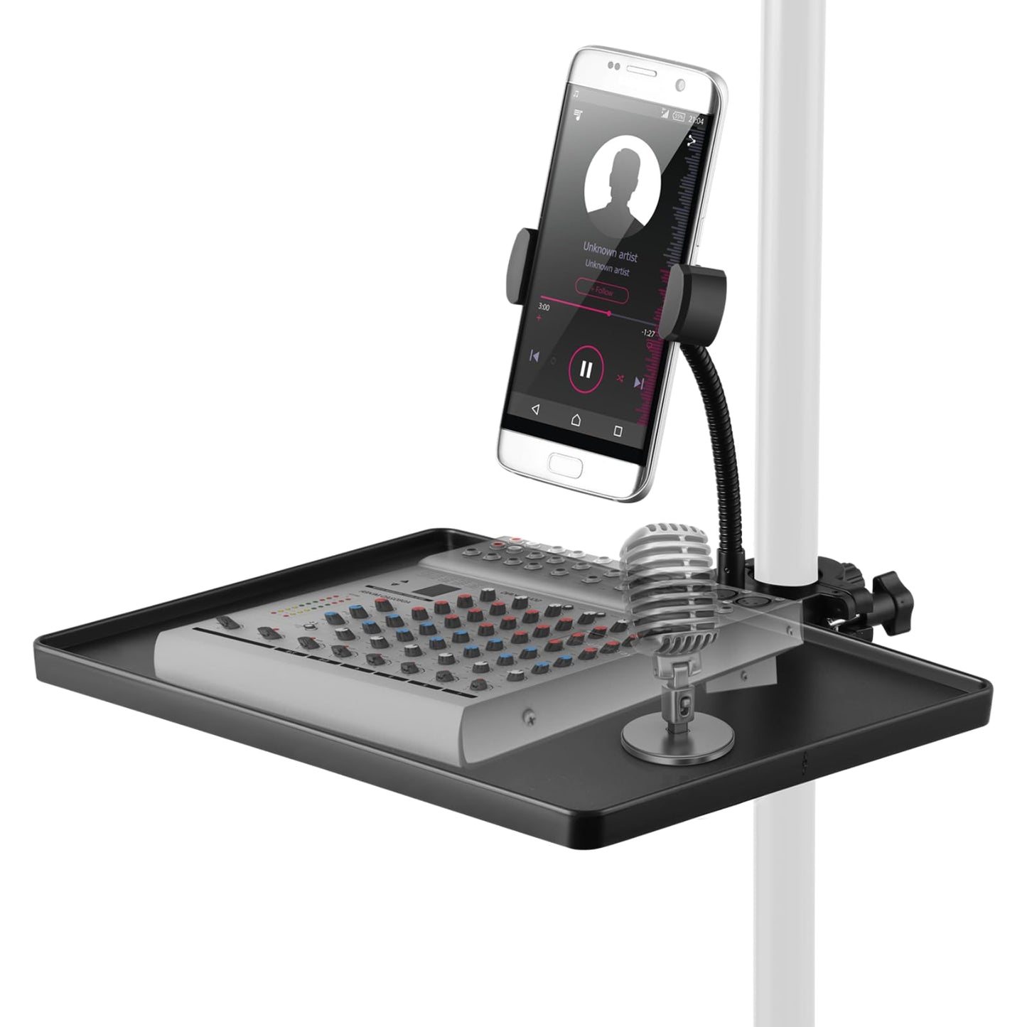 2-In-1 Microphone Stand Tray with Phone Holder, Clamp-On Mic Rack Tray Height Adjustable with Firm O-Ring Clamp, Mic Sound Card Holder for Recording