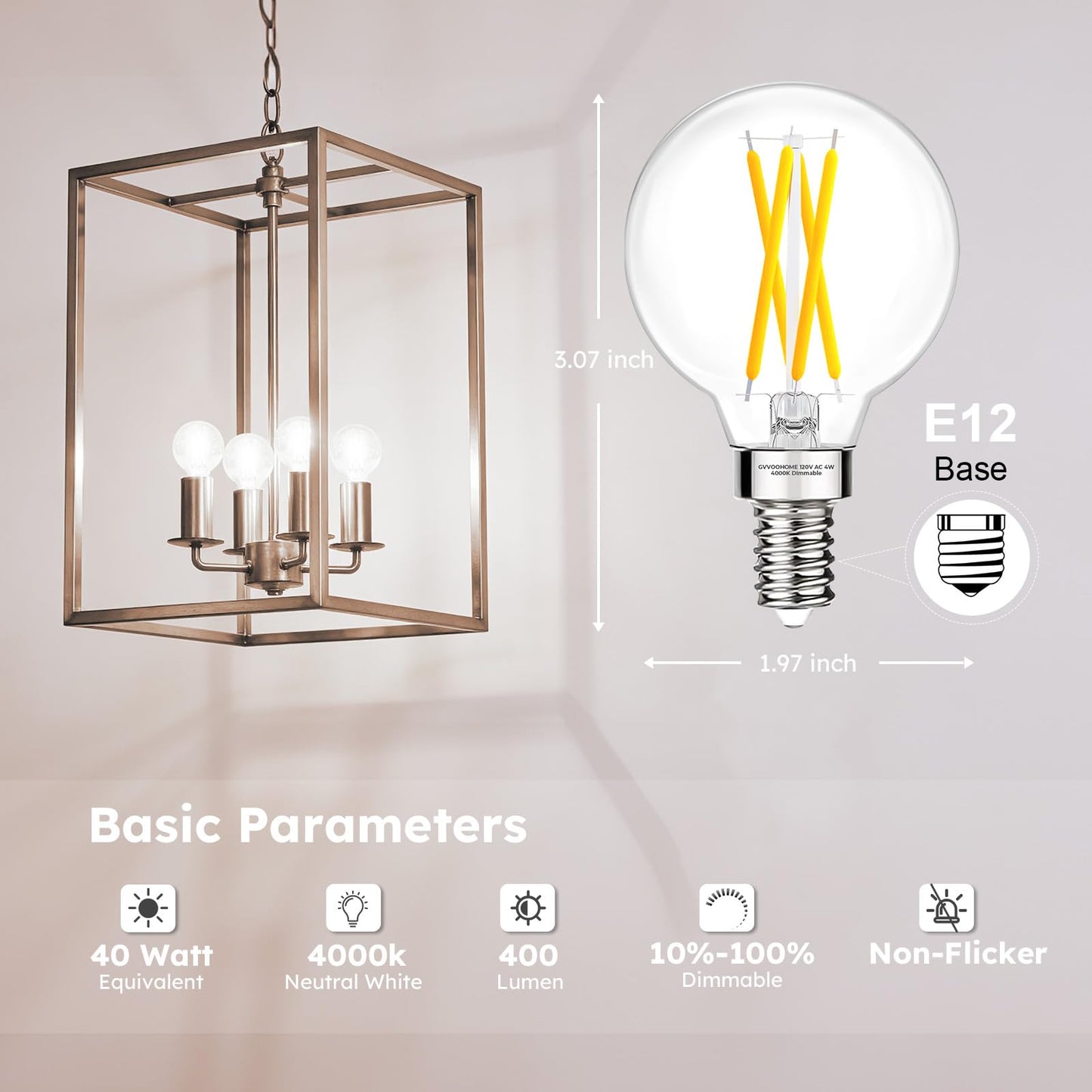 E12 Candelabra G16.5 Globe LED Bulb, 4W 400LM, 40W Equivalent Dimmable