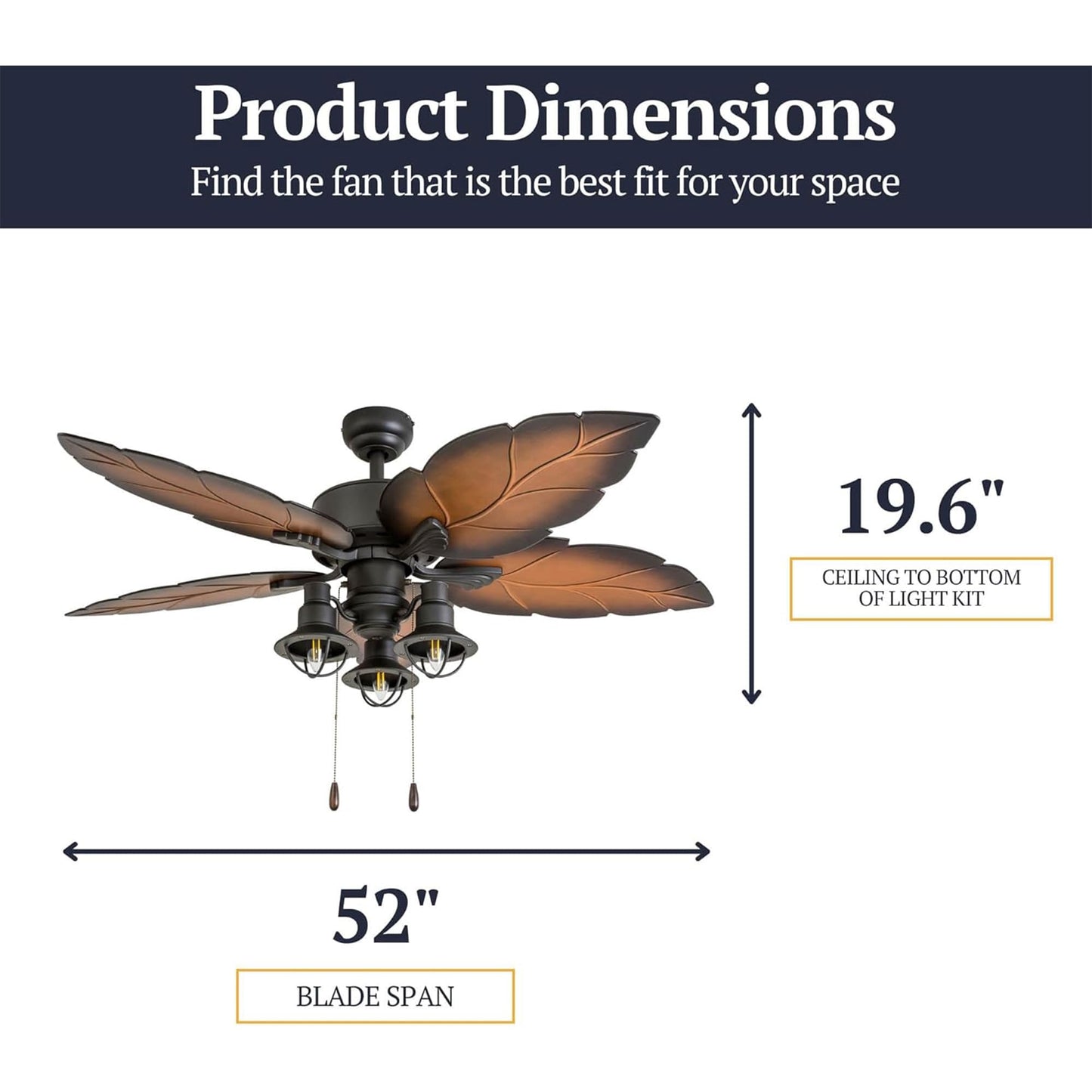 Prominence Home Ocean Crest 52 Inch Tropical Indoor Outdoor Ceiling Fan with LED Light, Pull Chain, 5 Leaf Blades with Reversible Motor, Bronze