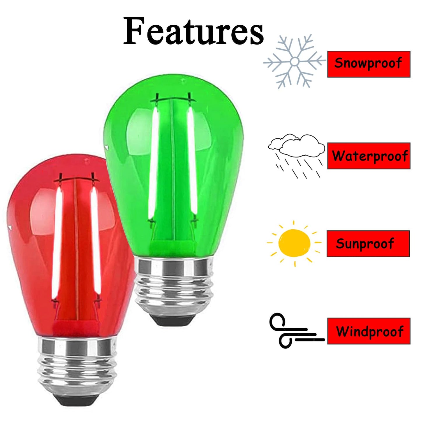 LRSUEYSKIN 24 Pack S14 Red and Green Colored LED Light Bulb 2W Christmas Replacement String Lights Bulb E26 Base Plastic Shatterproof Waterproof LED
