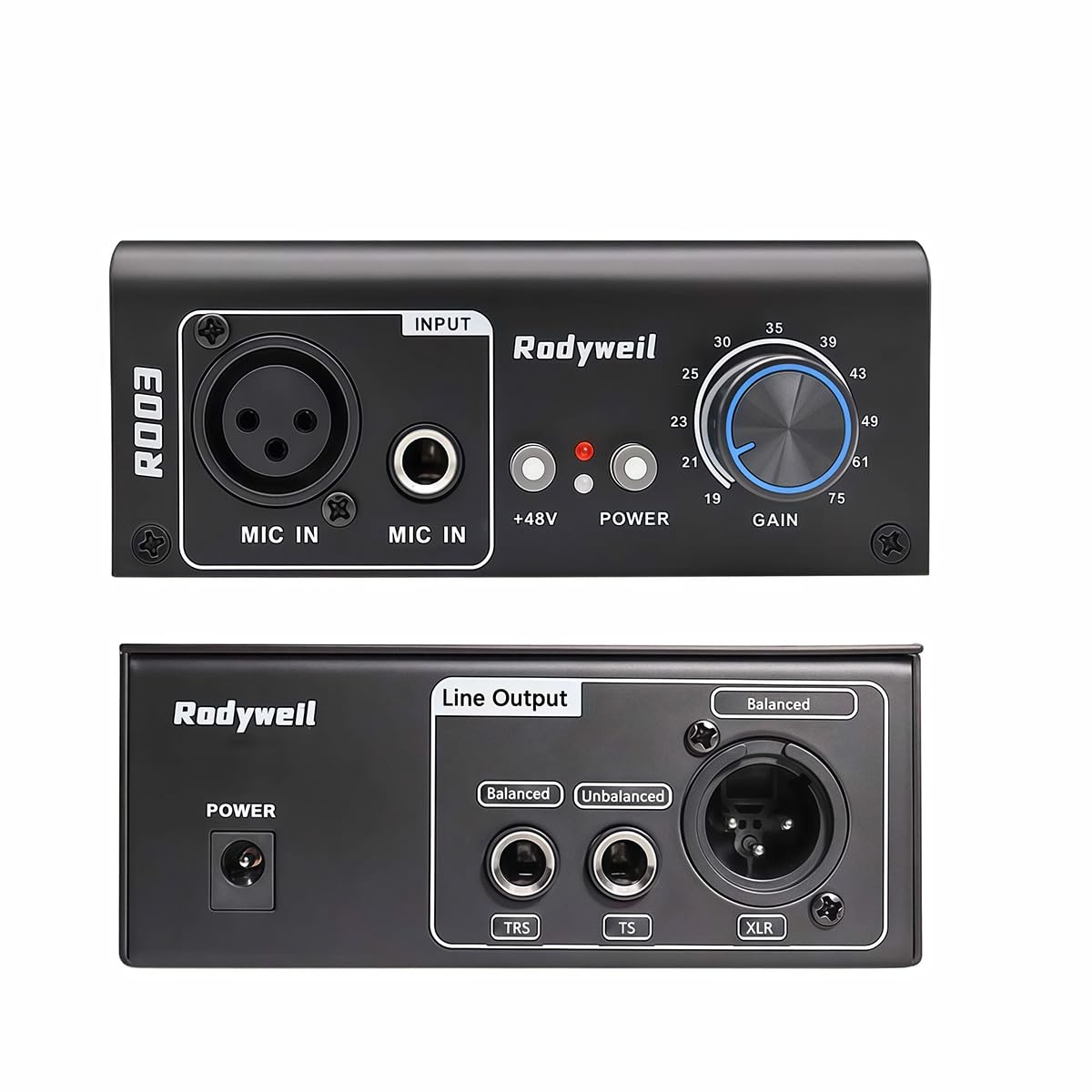 Rodyweil Mic Preamp with 19 ~ 75db Adjustable Gain Boost Balaneced Line Out and 48V for Dynamic, Condenser,Ribbon Microphone, Audio Interface, Audio