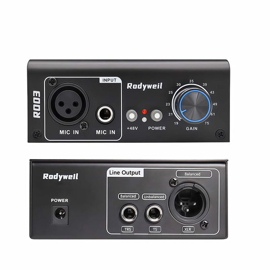 Rodyweil Mic Preamp with 19 ~ 75db Adjustable Gain Boost Balaneced Line Out and 48V for Dynamic, Condenser,Ribbon Microphone, Audio Interface, Audio