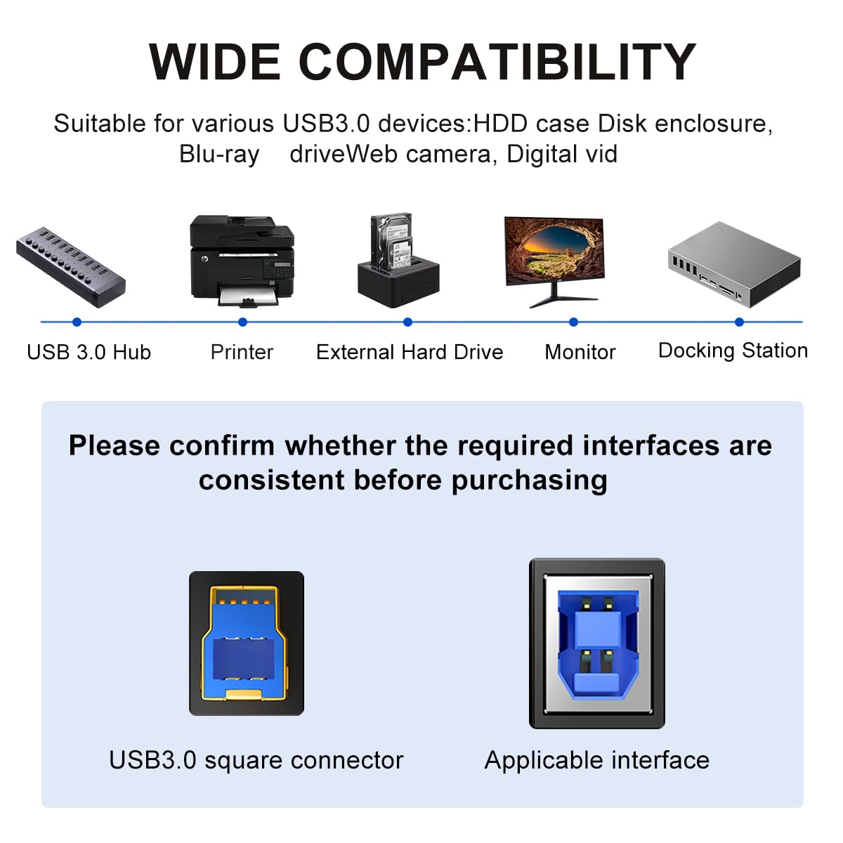 Yeung Qee USB 3.0 A to USB B Cable 3 ft,Nylon Braided USB 3.0 Cable Type A Male to B Male Printer Cable Compatible with Docking Station, External Hard