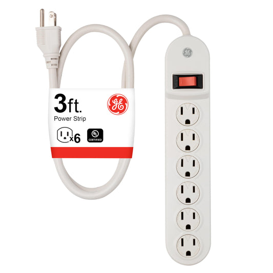 GE 6 Outlet Power Strip with 3 Foot Long Extension Cord, Indoor Power Strip, Twist to Close Safety Outlet Covers, Wall Mount, 3 Prong, UL Listed