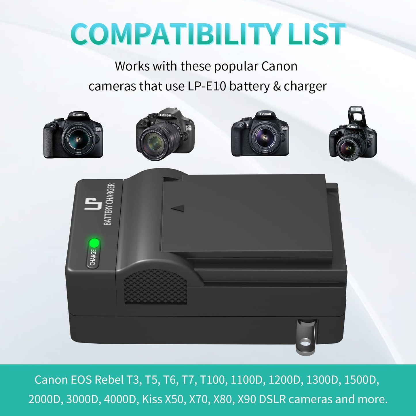 LP LP-E10 Battery Charger Pack, 1-Pack Battery & Charger, Compatible with Canon EOS Rebel T3, T5, T6, T7, T100, 1100D, 1200D, 1300D,1500D,2000D,3000D