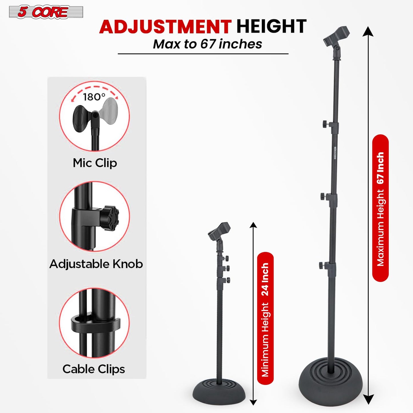 5 Core Mic Stand 2Pcs Floor Height Adjustable 24 to 67 Inch Universal Heavy Duty Microphone Stands Round Base Soporte De micrófono for Studio Singing