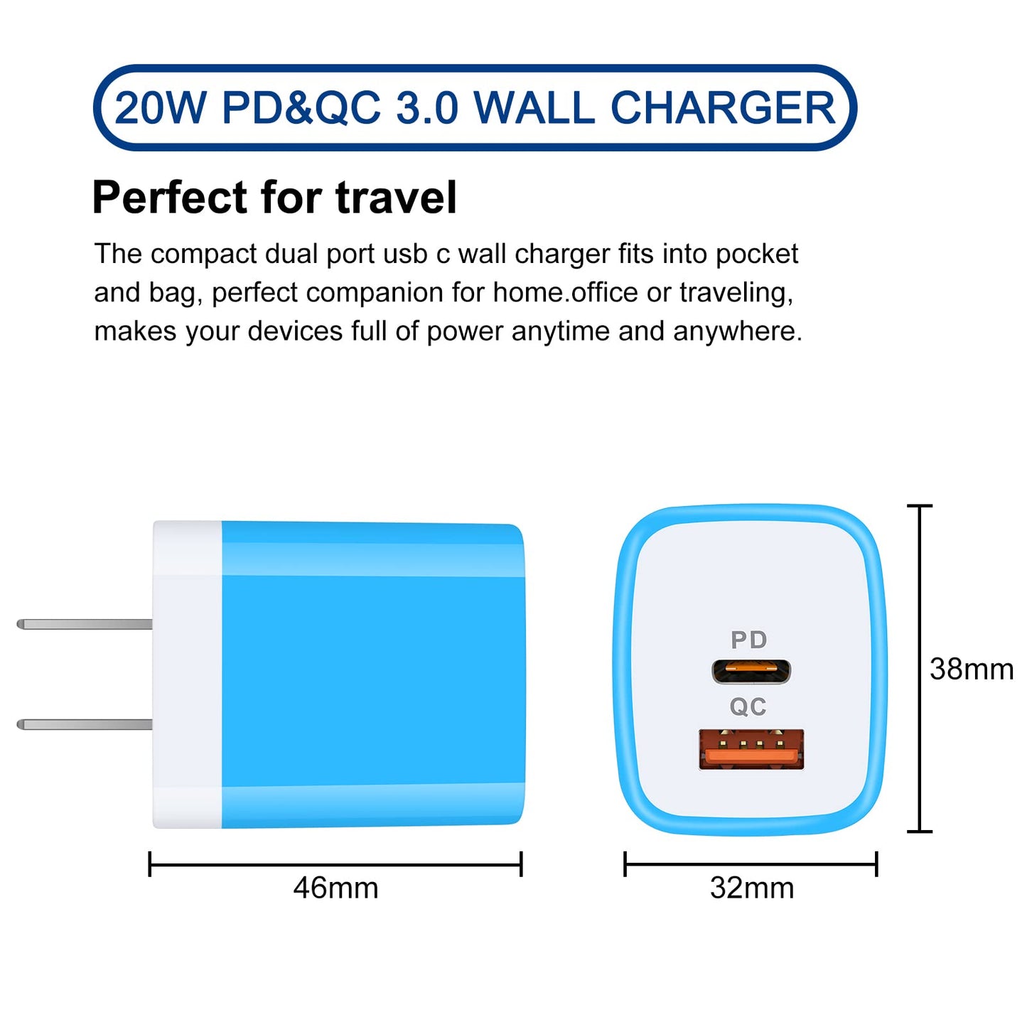 USB C Wall Charger, 2-Ports 20W USB A and USB C Charger Block [PD/QC 3.0], 3Pack USB-C Power Wall Plug Adapter Brick for iPhone 17/16/15/14/13/12/Pro