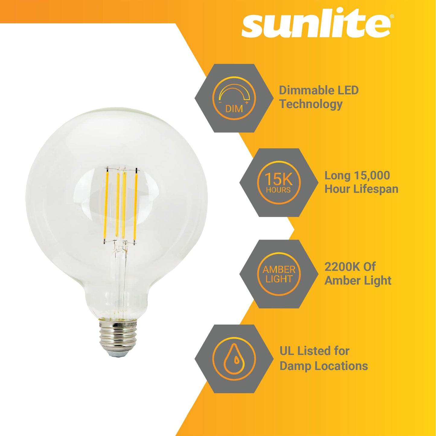 Sunlite 81139 LED G40 Edison Globe Light Bulb, 8.5 Watts (100W=), Standard E26 Base, 800 Lumens, Dimmable, Clear Glass, Long Filament, 90 CRI