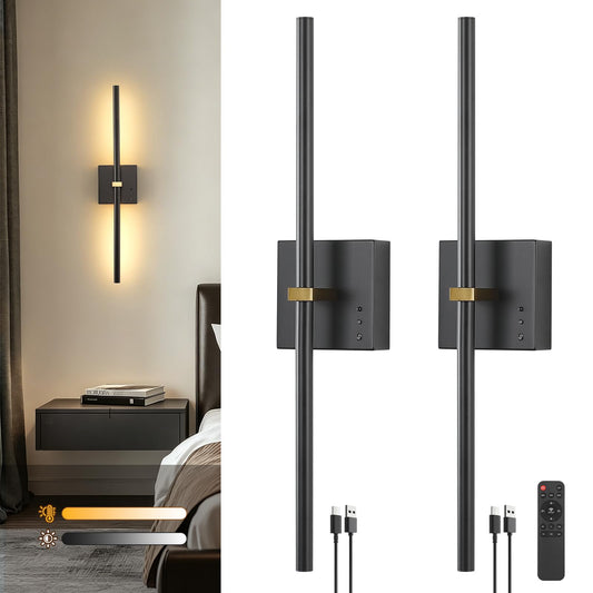 Joossnwell Battery Operated Wall Sconces Set of 2, Rechargeable Wall Light Wireless with Remote, Modern Wall Lamp 360° Rotate, Black 3CCT Sconce Wall