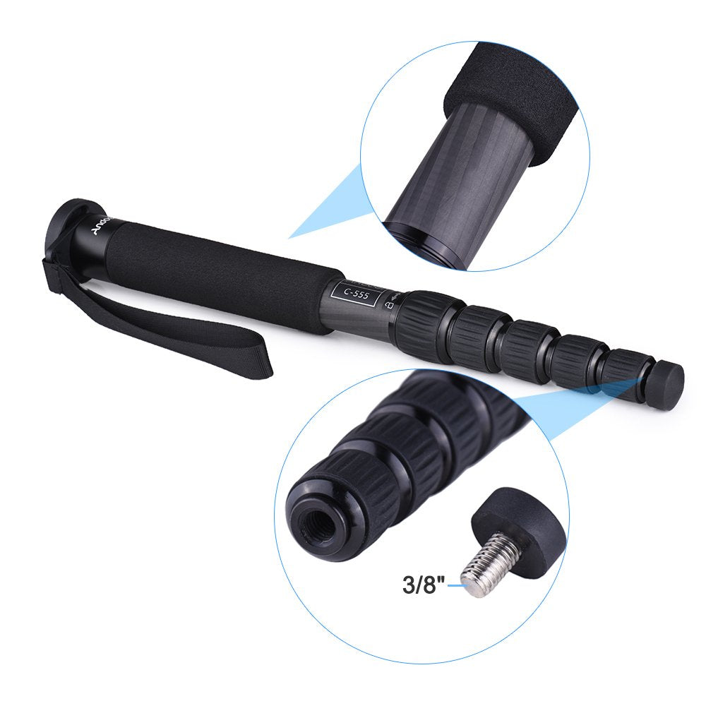 Andoer C-555 155cm/5.1ft Carbon Fiber Camera Monopod Unipod Stick 6-Section with Carry Bag Max. Load 10kg/22Lbs for Nikon Canon Sony A7 Pentax