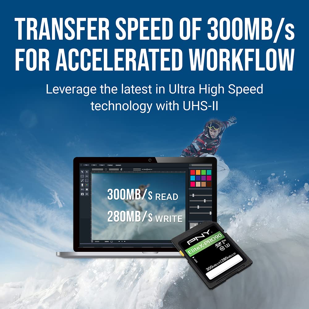 PNY 64GB EliteX-PRO90 UHS-II SDXC Memory Card - R300MB/s W280MB/s, U3, V90, 8K UHD, Full HD, UHS-II for Professional Photographers & Content Creators