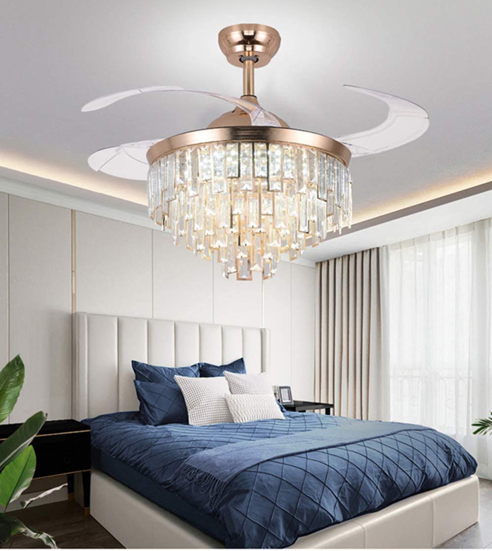 A Million 42" Crystal Ceiling Fan with Light Modern Luxury Chandelier Retractable Blades Remote 3 Speeds 3 Color Changes Silent Ceiling Fans Lighting