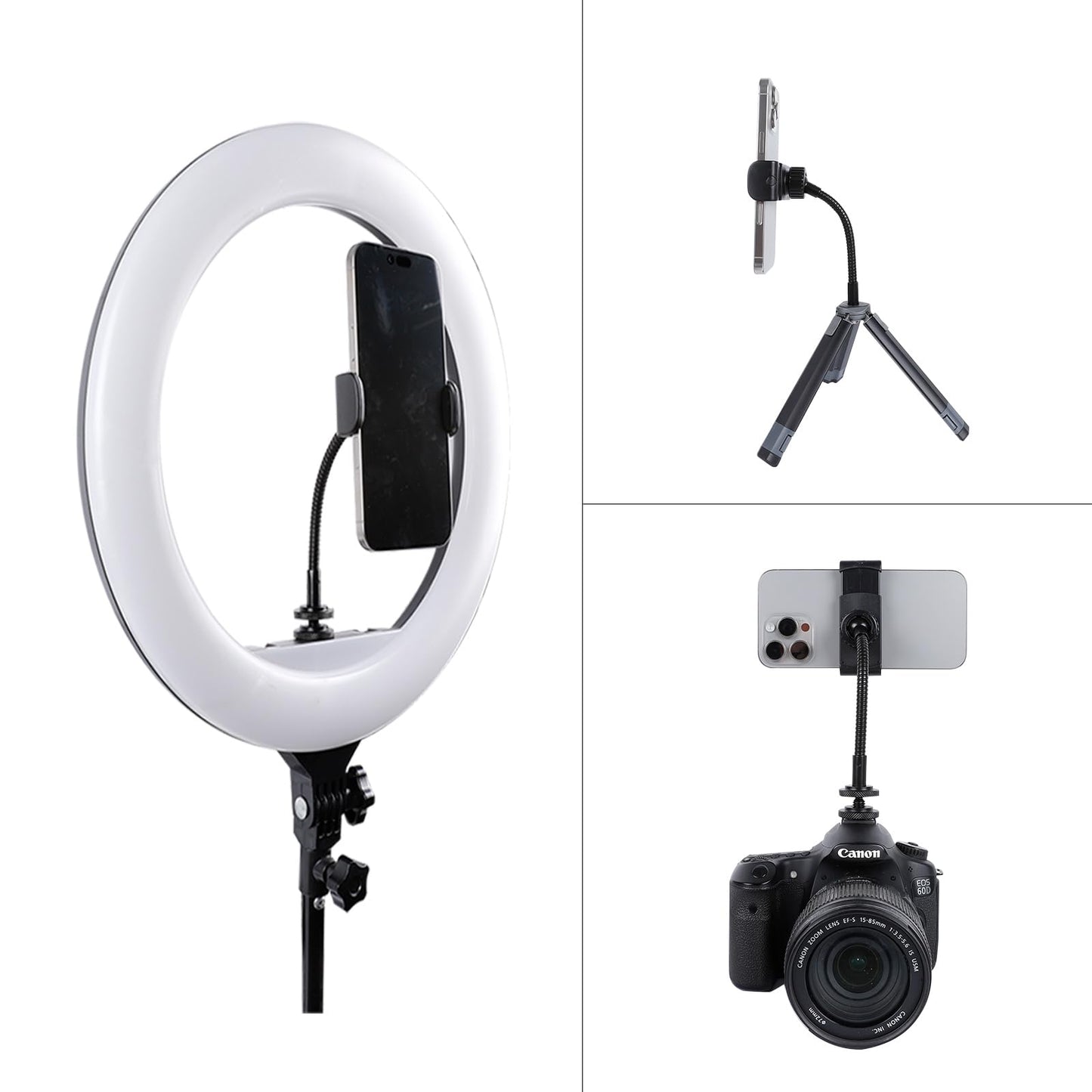 Universal Phone Holder for Ring Light, 1/4"-20 and Hot Shoe Adapter, Flexible Phone Mount for Ring Light and Tripod Stand Replacement