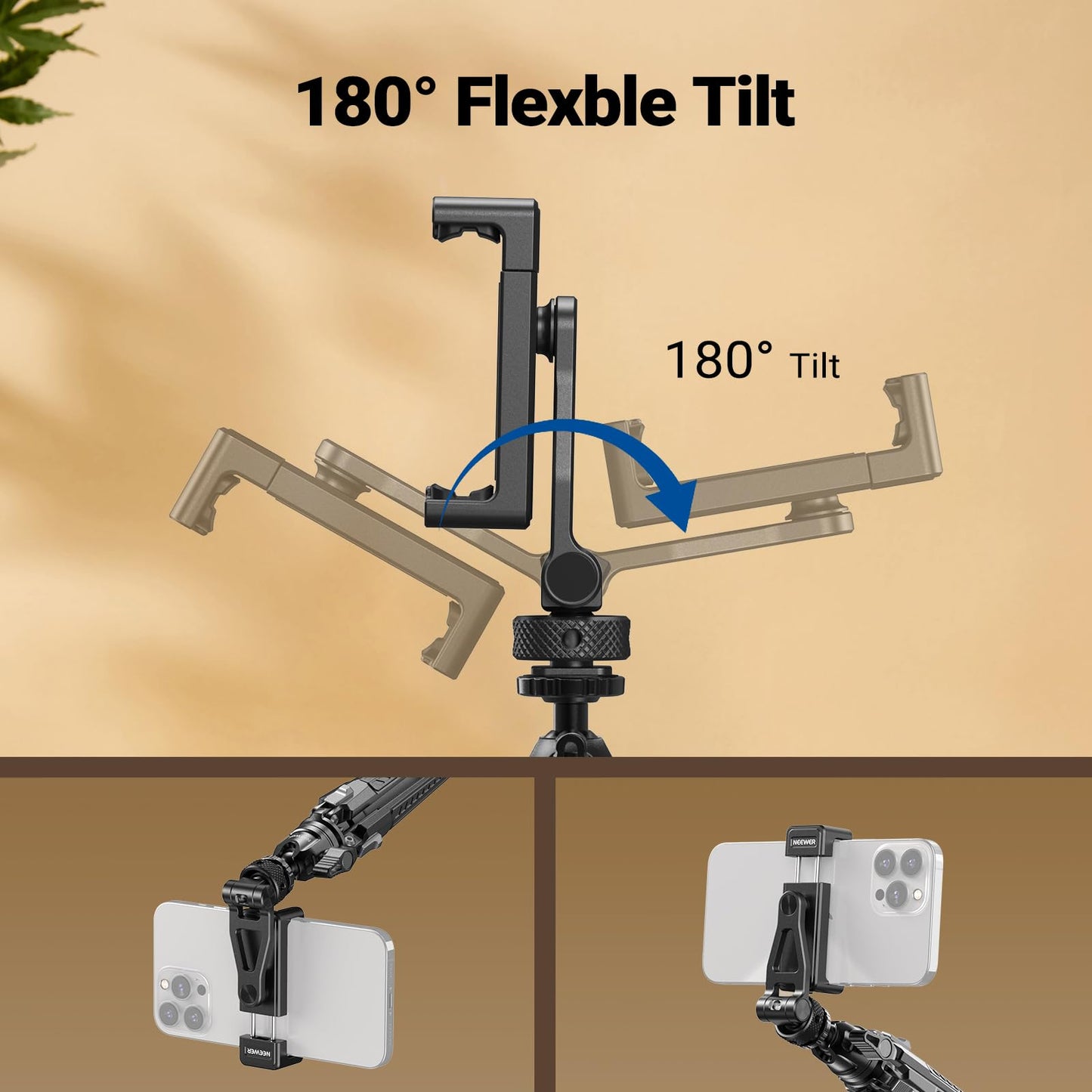 NEEWER Metal Phone Tripod Mount with Cold Shoes, 1/4" Thread, 180° Tilt, 360° Rotation, Adjustable Phone Clamp Holder Compatible with iPhone 17 Pro