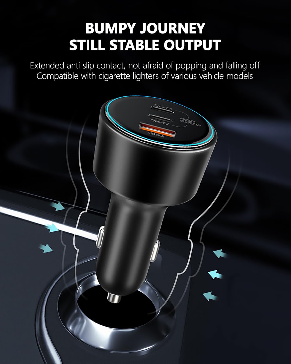 200W Car Charger, USB C Car Charger PD3.0 QC4.0 PPS Fast Charging Car Adapter with 2 100W USB C Cable 3 Port Type C Cigarette Lighter for Dell XPS