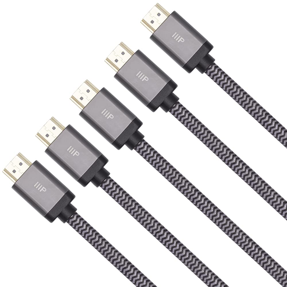 Monoprice 8K Certified Ultra High Speed HDMI Cable - Braided - HDMI 2.1, 8K@60Hz, 4K@120Hz, 48Gbps, HDR, VRR, CL2 In-Wall Rated, 6ft, Black - 5 Pack