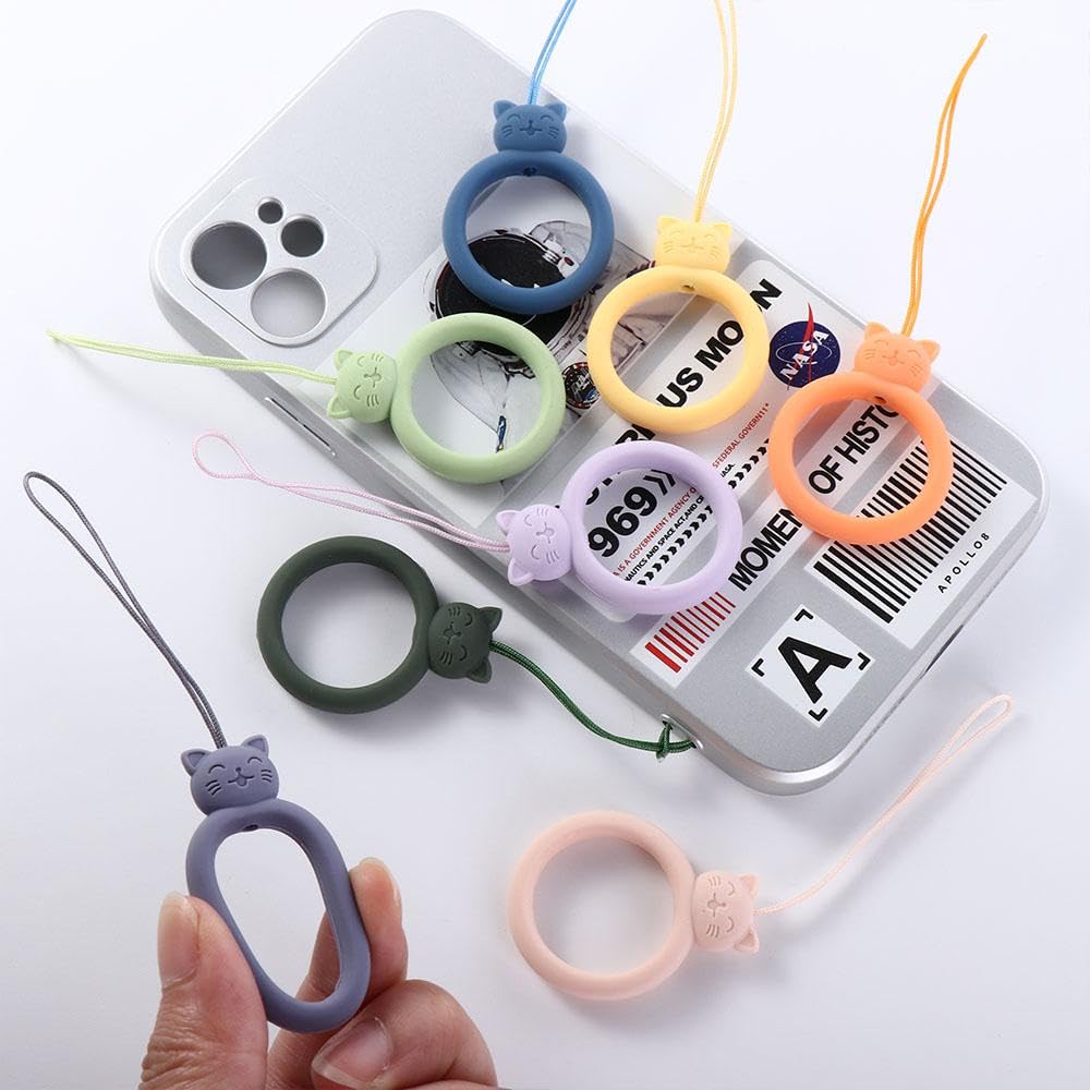 Kopida 11 Pcs Silicone Lanyard Finger Strap, Multicolor Mobile Phone Pendant Finger Ring, Creative Cartoon Cat Lanyard Hanging Rope for U Disk, Mobile