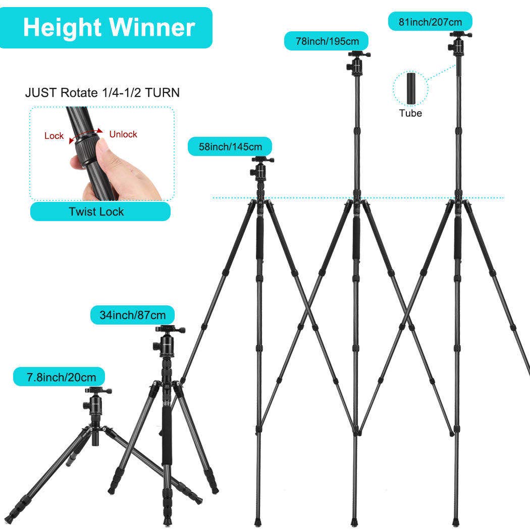 JOILCAN 81" Carbon Fiber Camera Tripod,Professional Tripod Monopod with 360 Degree Ball Head and Carrying Case for Travel and Work Load up to 35Ibs