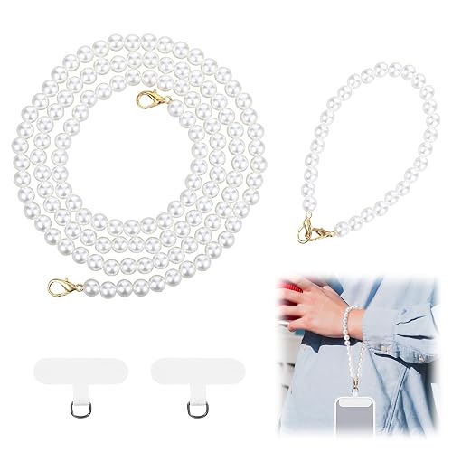 2 Pcs Pearl Phone Lanyard Crossbody, Beaded Pearl Crossbody Phone Strap, Anti-Theft Detachable Pearls Cell Phone Lanyard Wrist Strap, Pearls Phone