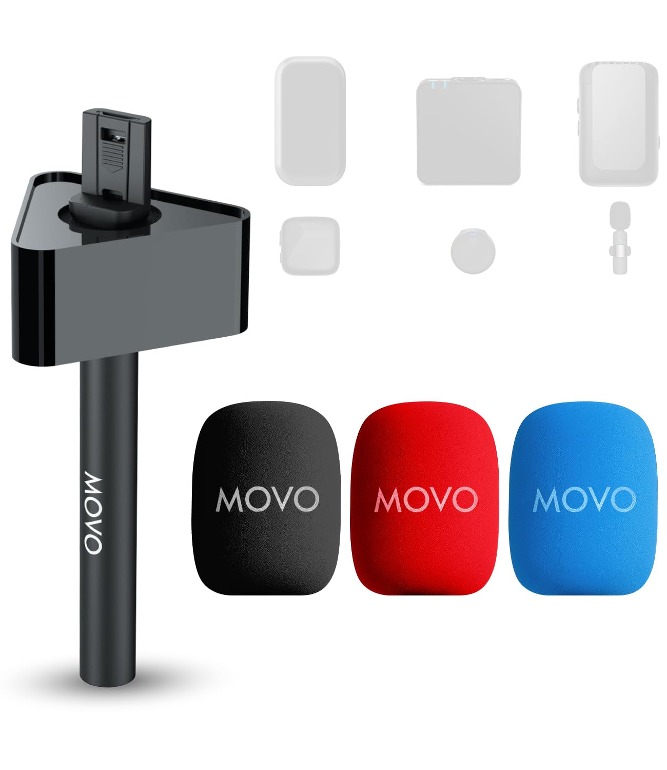 Movo WMX-HMF2 Wireless Microphone Handle with Mic Flag - Handheld Grip for DJI Mic, Rode GO II - Includes Lav Microphone Holder, Adapter & 3