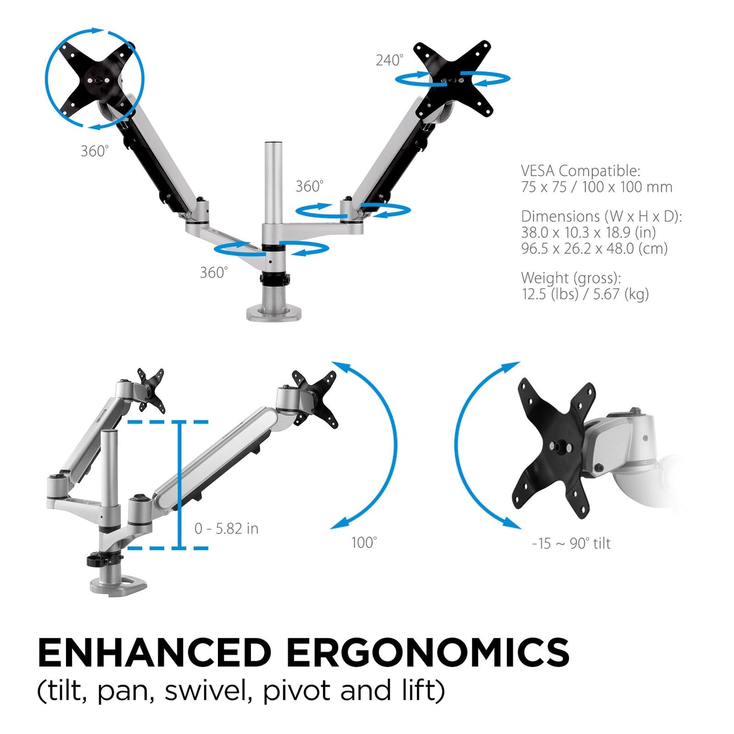 ViewSonic LCD-DMA-002 Spring-Loaded Monitor Desk Mounting Arm for 2 Monitors up to 27 Inches Each, VESA Compatible, Full Ergonomic Adjustability