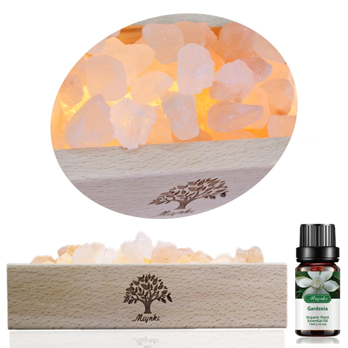 mlynkl Himalayan Pink Salt Lamp Diffuser with Wood Base - 300g Natural Salt, USB Powered, Warm Light & 10ml Gardenia Essential Oil Set