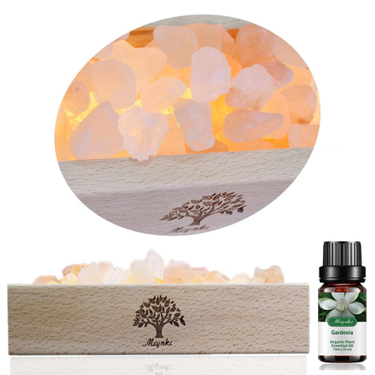 mlynkl Himalayan Pink Salt Lamp Diffuser with Wood Base - 300g Natural Salt, USB Powered, Warm Light & 10ml Gardenia Essential Oil Set