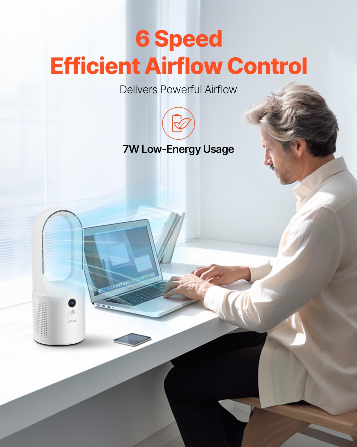 VEVOR Desk Fan Bladeless, 12.99 Inch Portable Desk Fan, 6-Speed USB Quiet Cooling Small Tower Fan with Rechargeable Battery, Easy to Clean