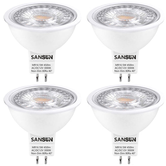 SANSUN 5W MR16 LED Landscape Light Bulbs, Low Voltage 12V Outdoor Landscape Spotlight and Indoor Track Light, GU5.3 Bi-Pin Base, Soft White 3000K
